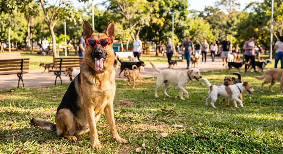 Cachorro de óculos de coração em um parque cheio de outros pets