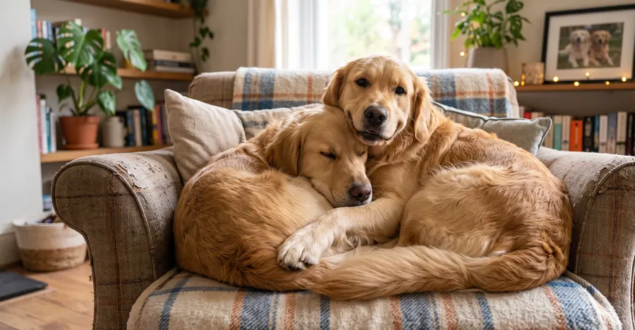 Dois golden retrievers aconchegados no sofá