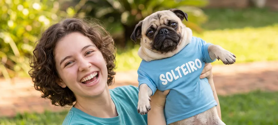 Pug com camiseta escrito Solteiro