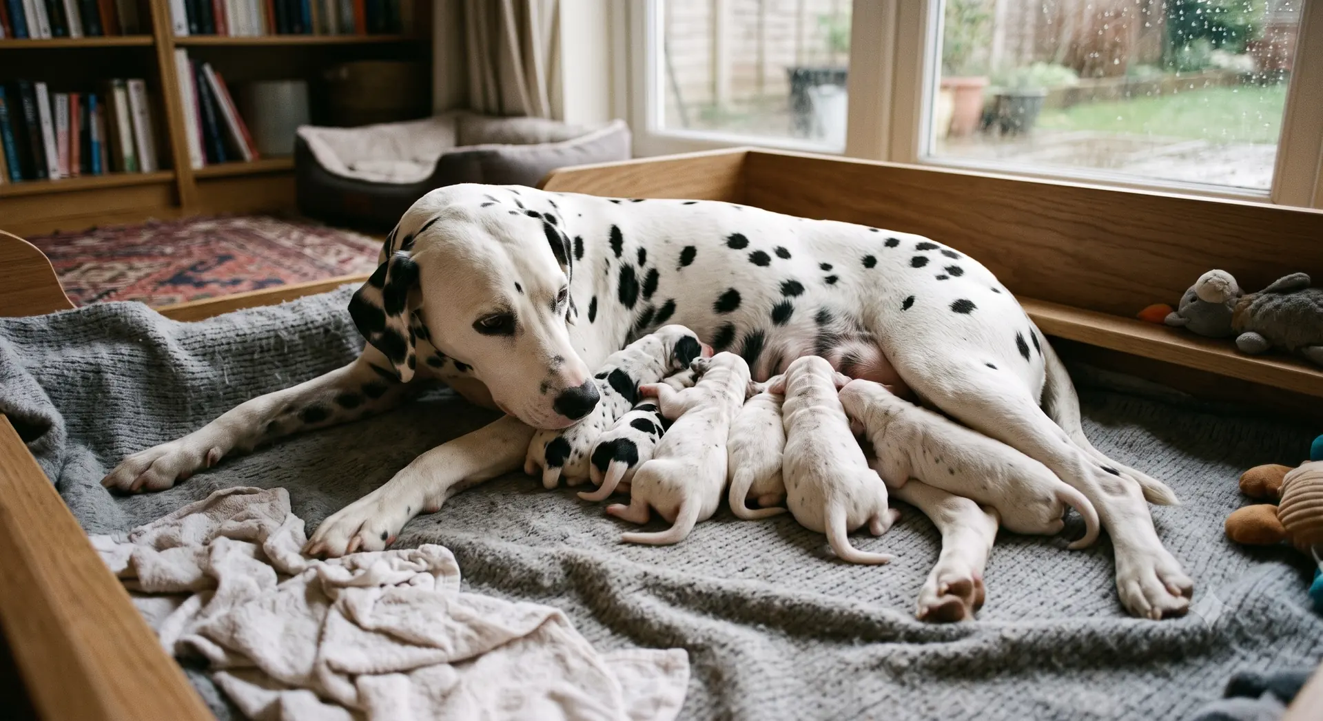 Dalmata deitada com seus filhotes recém-nascidos